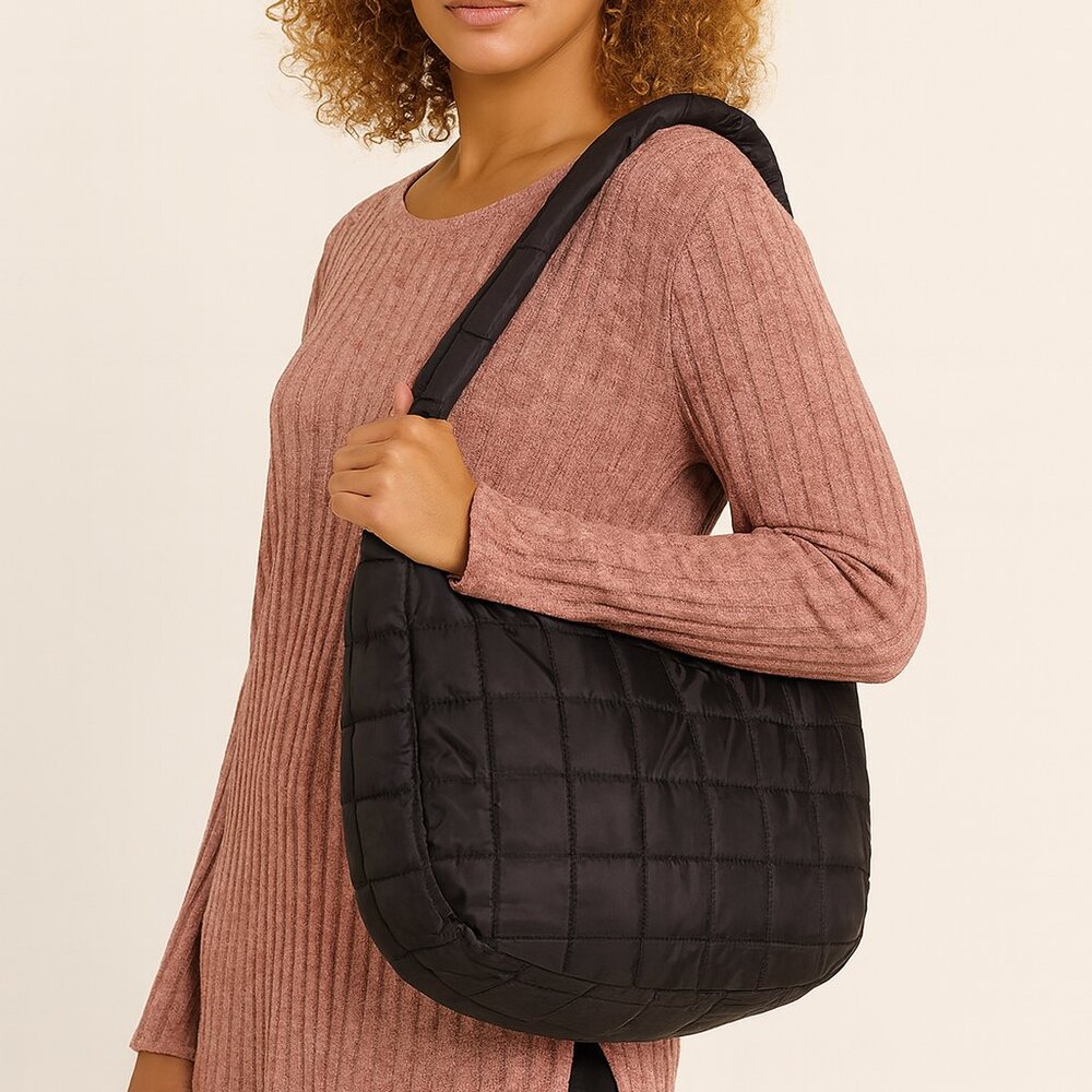 Black Quilted Puffer Tote Bag Lightweight Zip Top Shoulder Bag NWOT
